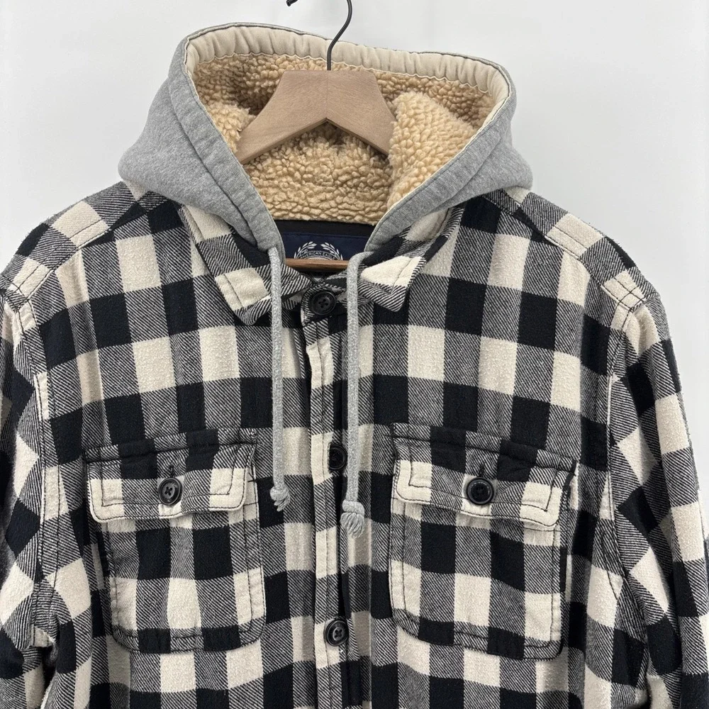 American Eagle Outfitters Flannel Jacket‎ Mens XL Plaid Sherpa Lined Hooded Y2K